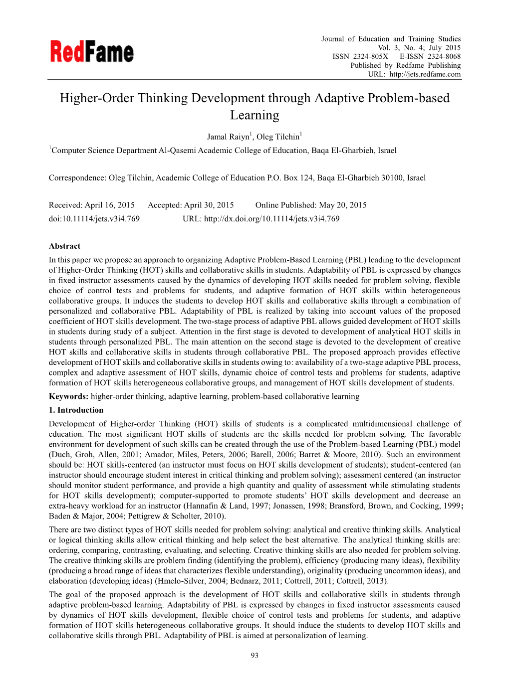 Higher-Order Thinking Development Through Adaptive Problem-Based Learning