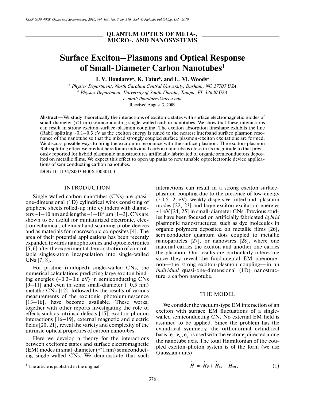 Surface Exciton–Plasmons and Optical Response of Small�Diameter Carbon Nanotubes1 I