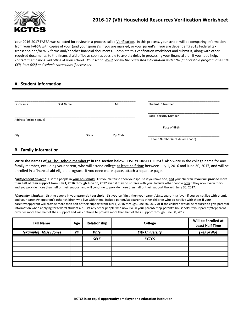 2016-17 (V6) Household Resources Verification Worksheet