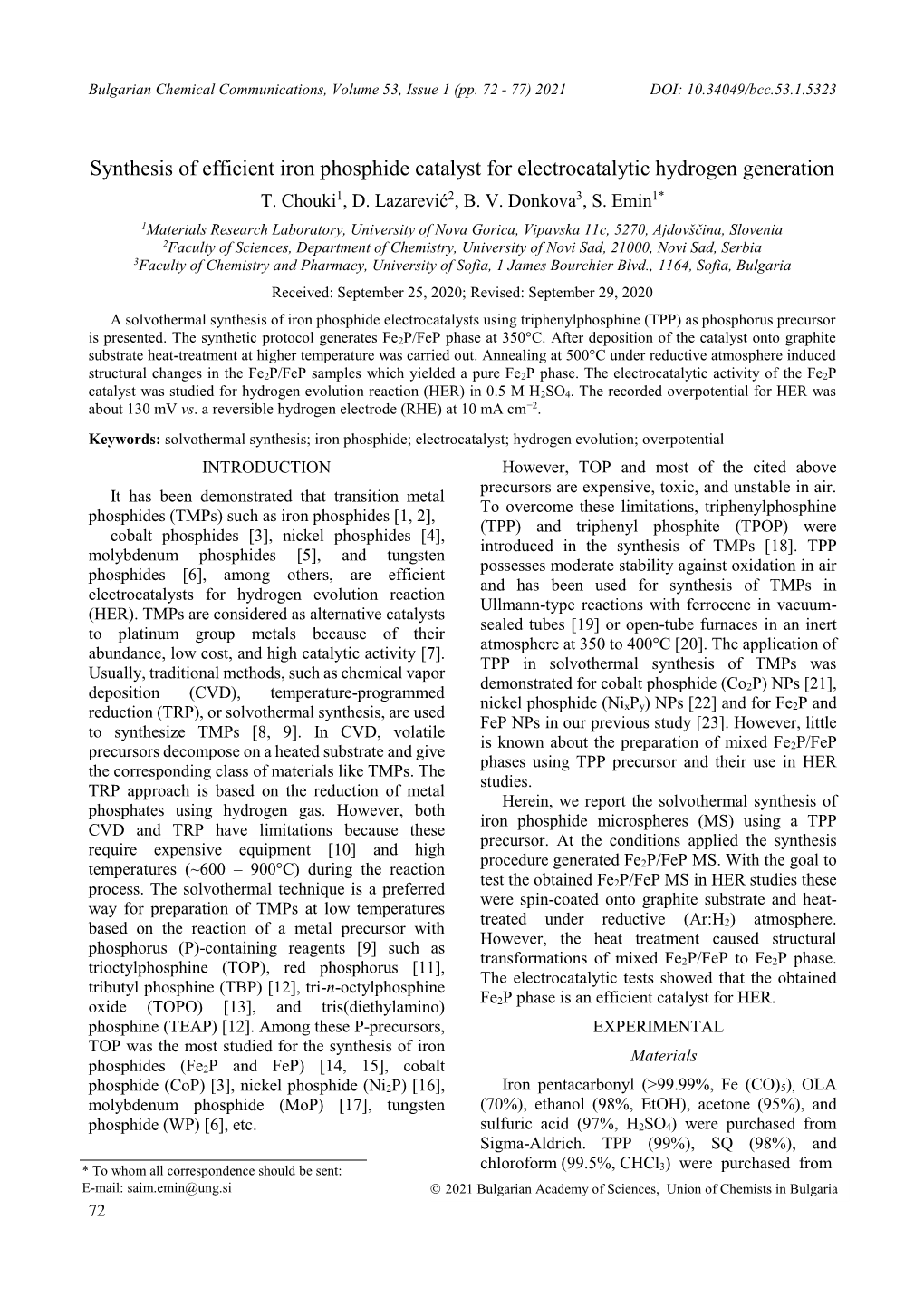 Synthesis of Efficient Iron Phosphide Catalyst for Electrocatalytic Hydrogen Generation T