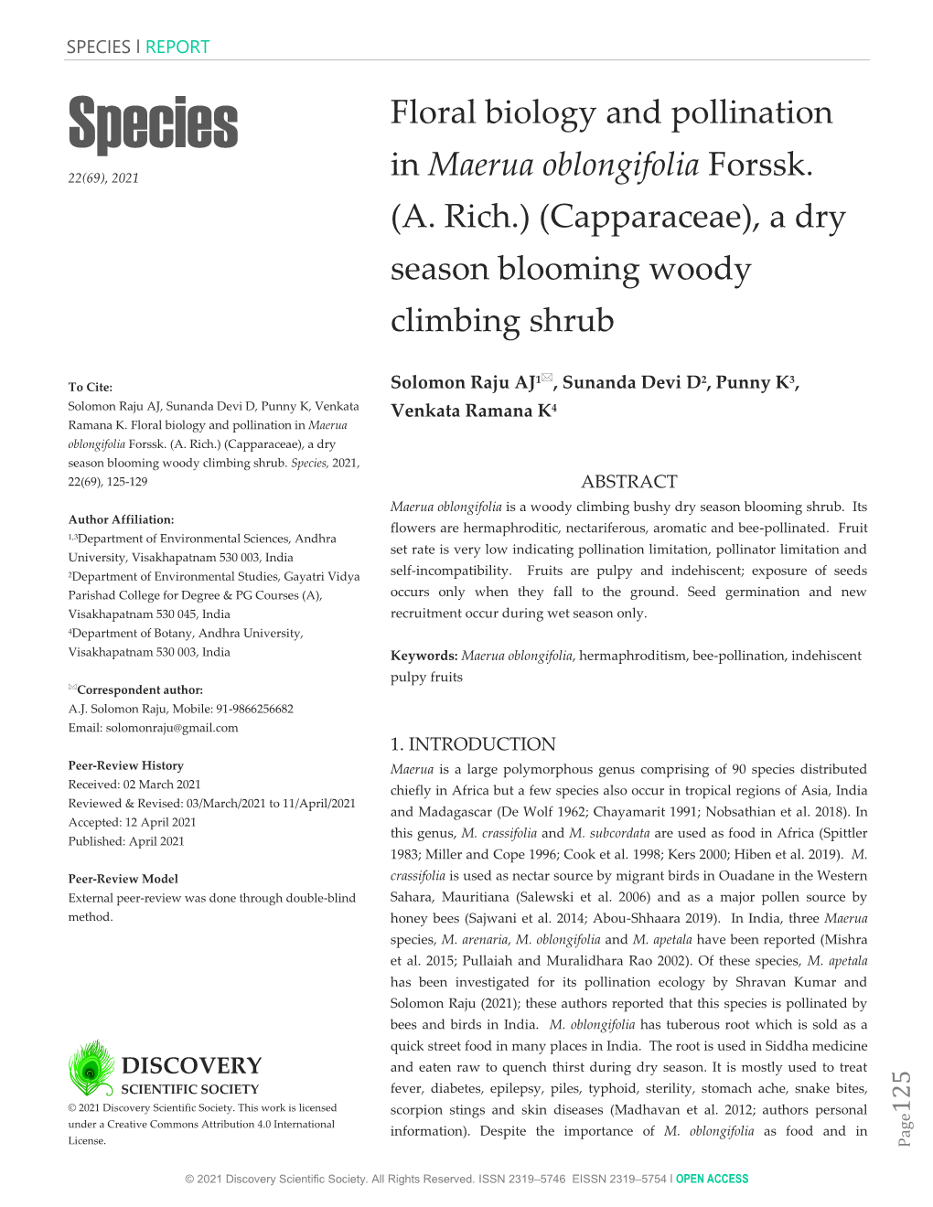 Floral Biology and Pollination in Maerua Oblongifolia Forssk. (A