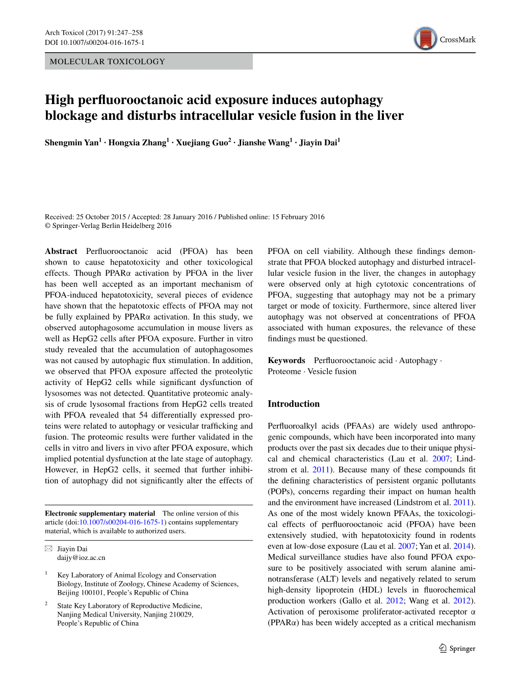 High Perfluorooctanoic Acid Exposure Induces Autophagy Blockage and Disturbs Intracellular Vesicle Fusion in the Liver