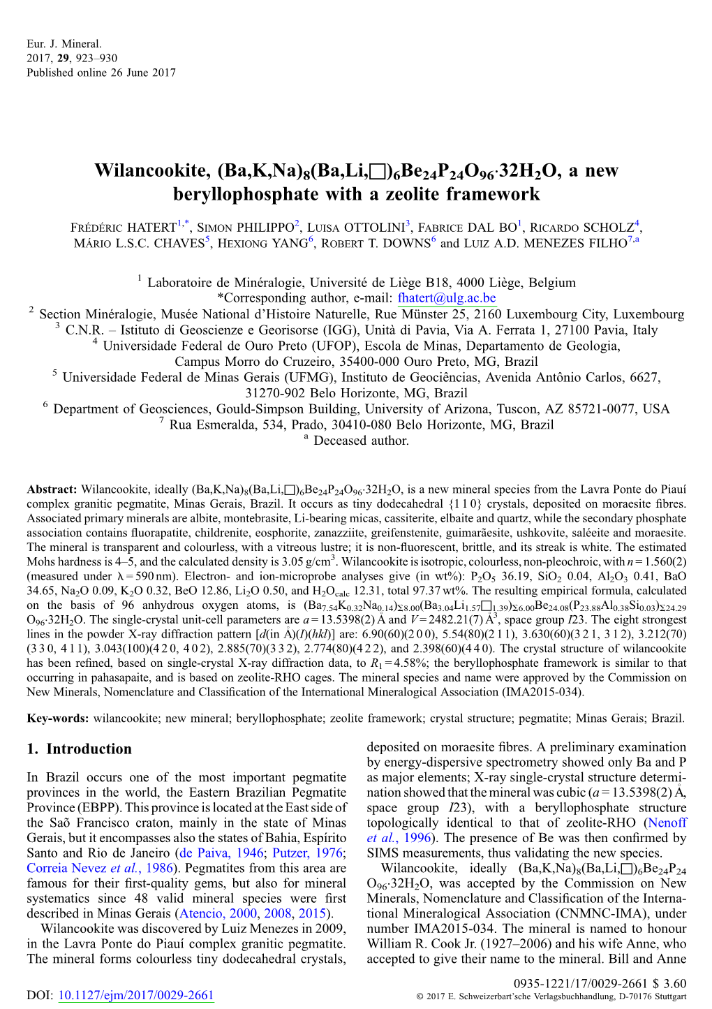 Wilancookite, (Ba,K,Na)8(Ba,Li,□)6Be24p24o96·32H2O, a New Beryllophosphate with a Zeolite Framework