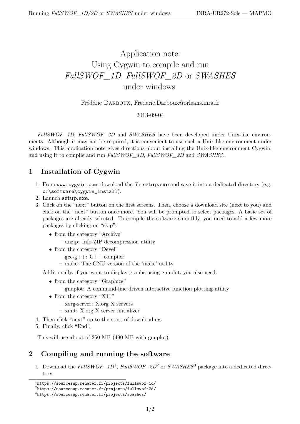 Using Cygwin to Compile and Run Fullswof 1D, Fullswof 2D Or SWASHES Under Windows