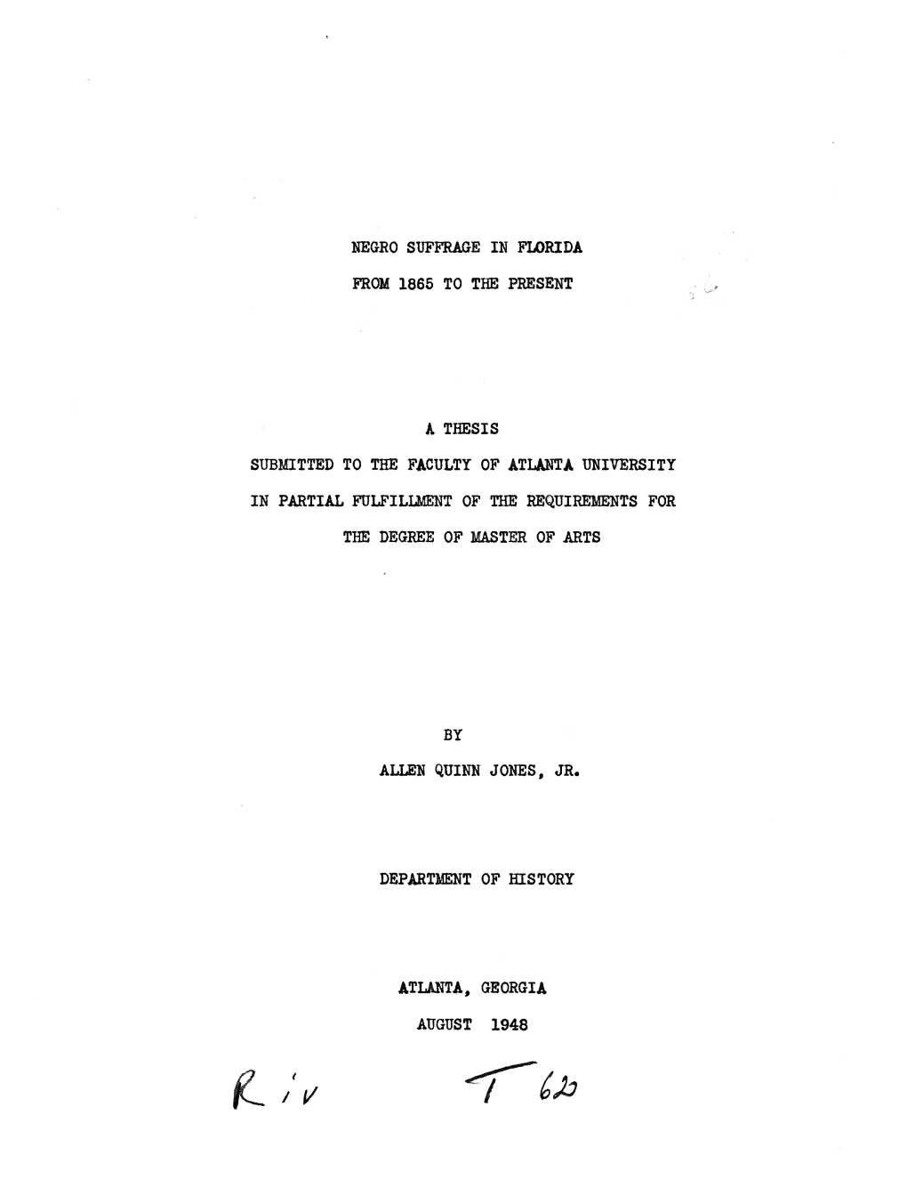 Negro Suffrage in Florida from 1865 to the Present A