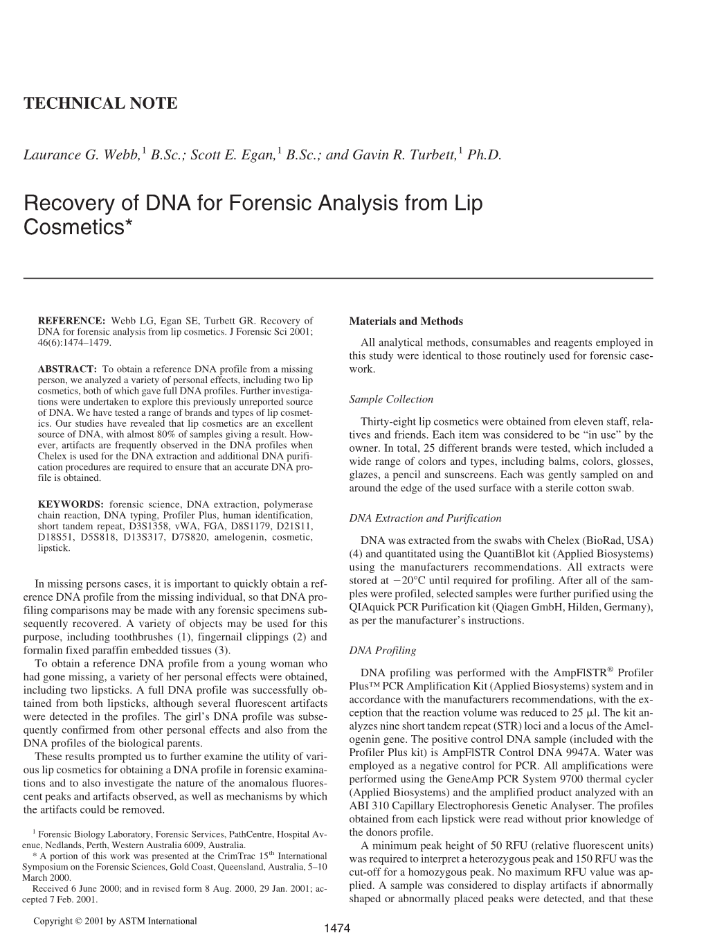 Recovery of DNA for Forensic Analysis from Lip Cosmetics*