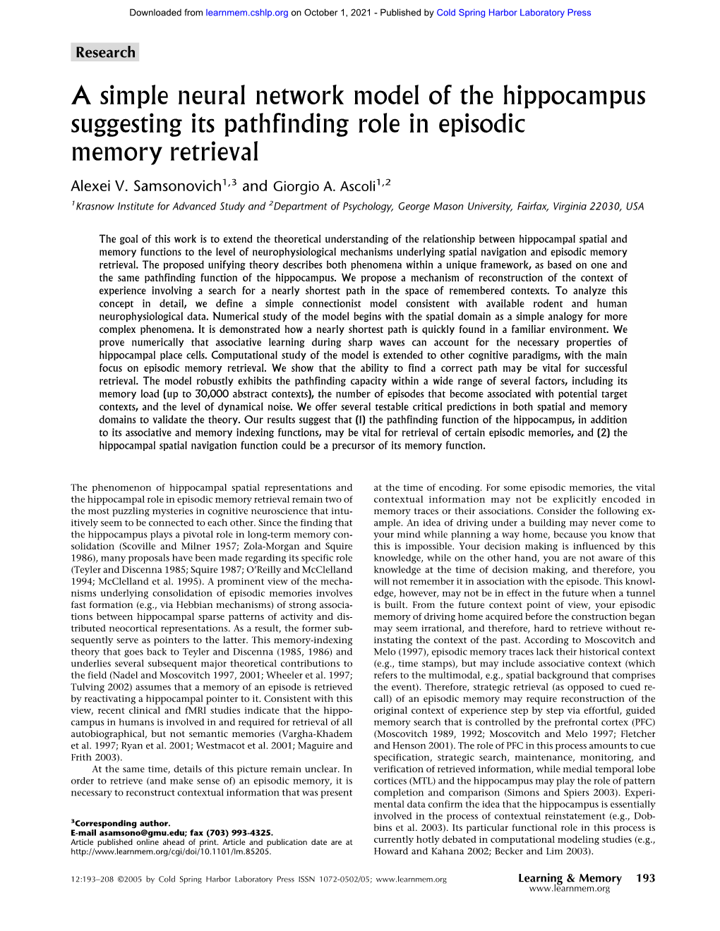 A Simple Neural Network Model of the Hippocampus Suggesting Its Pathfinding Role in Episodic Memory Retrieval