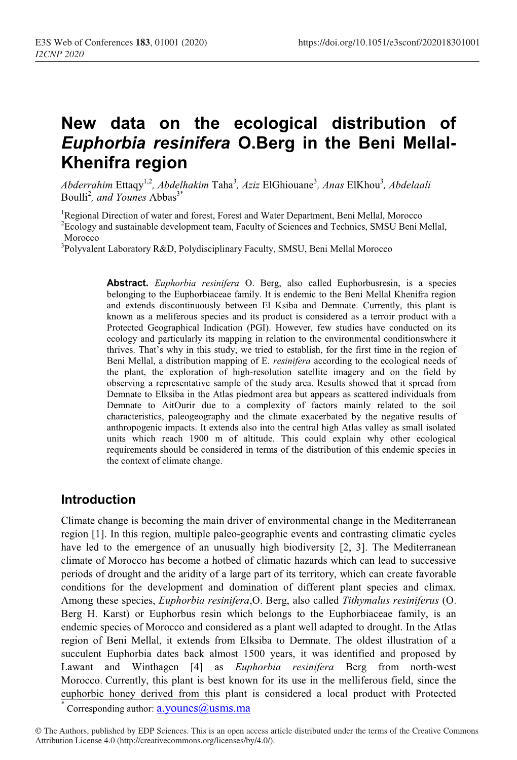 New Data on the Ecological Distribution of Euphorbia Resinifera