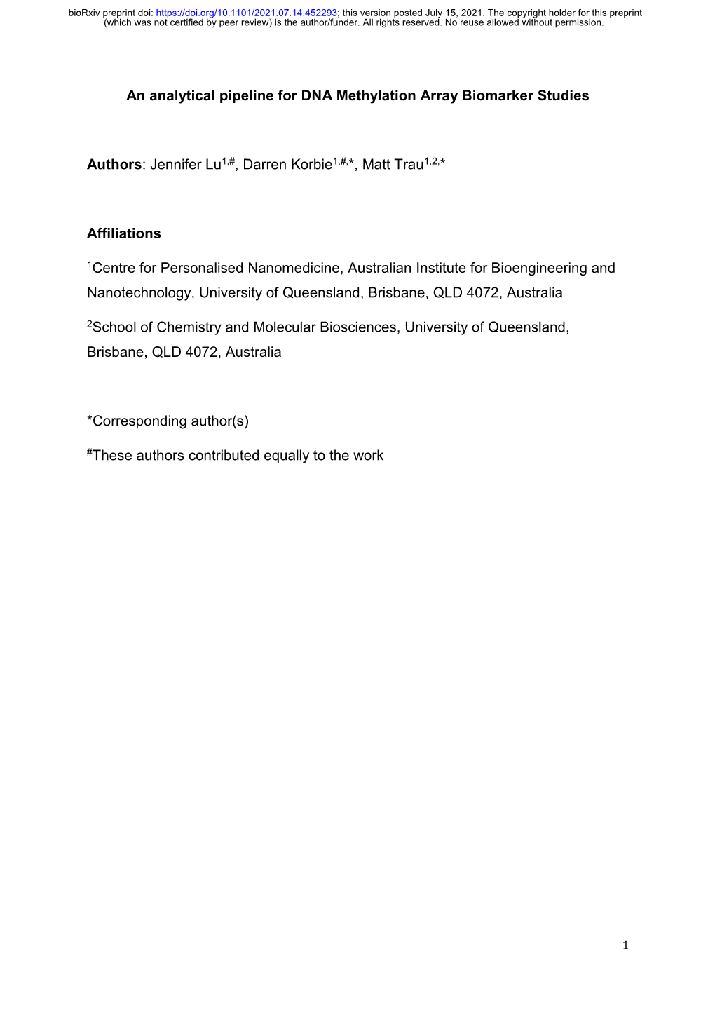 An Analytical Pipeline for DNA Methylation Array Biomarker Studies