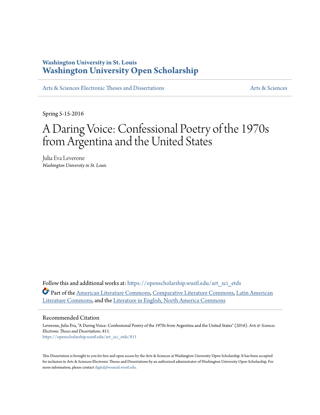 Confessional Poetry of the 1970S from Argentina and the United States Julia Eva Leverone Washington University in St