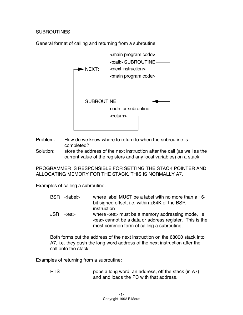 SUBROUTINES General Format of Calling and Returning from A