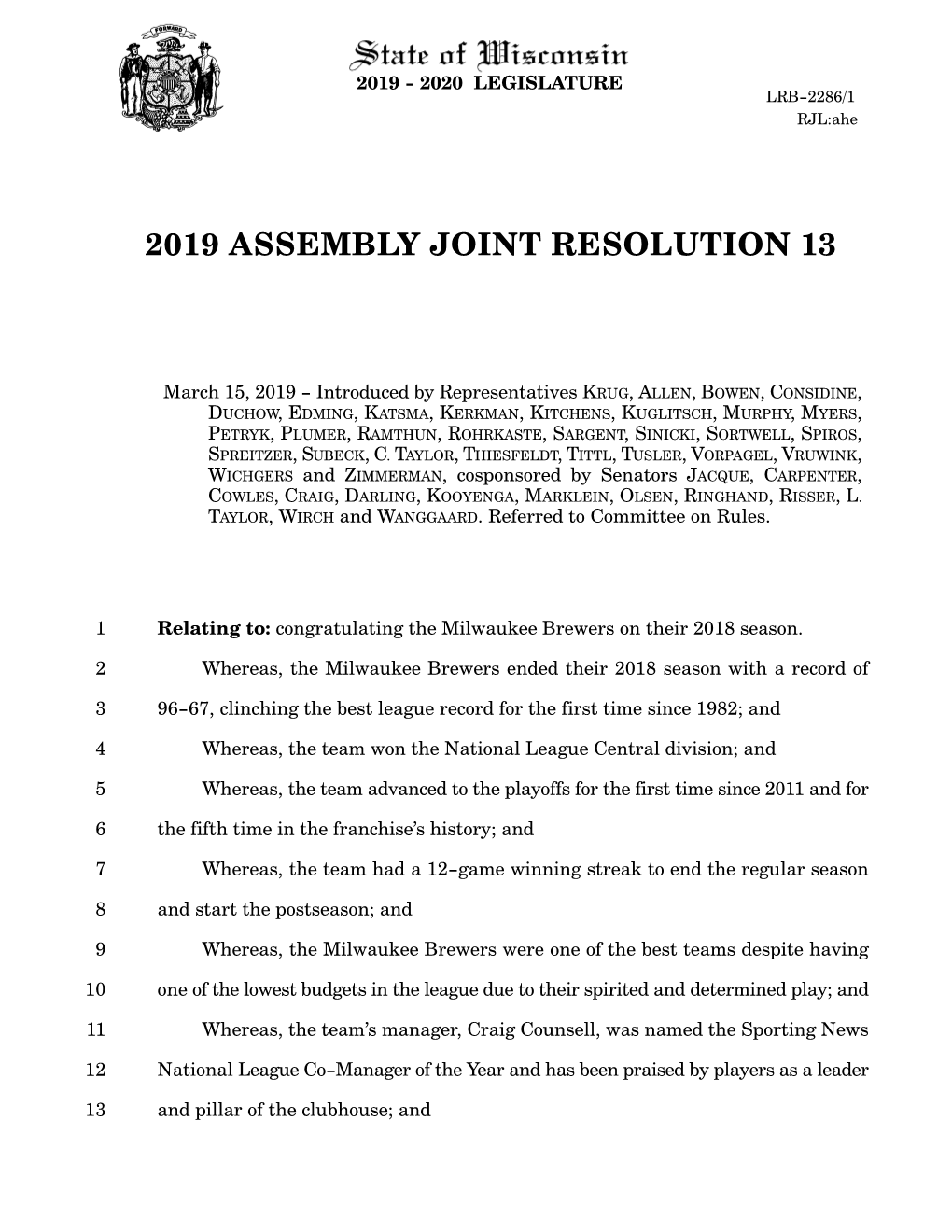 2019 Assembly Joint Resolution 13