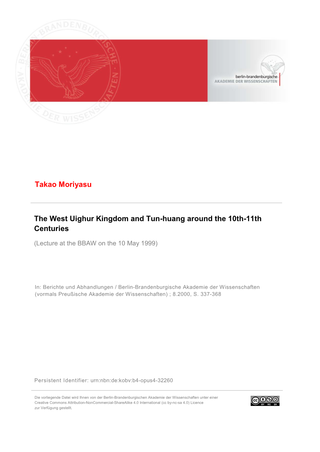 Takao Moriyasu the West Uighur Kingdom and Tun-Huang