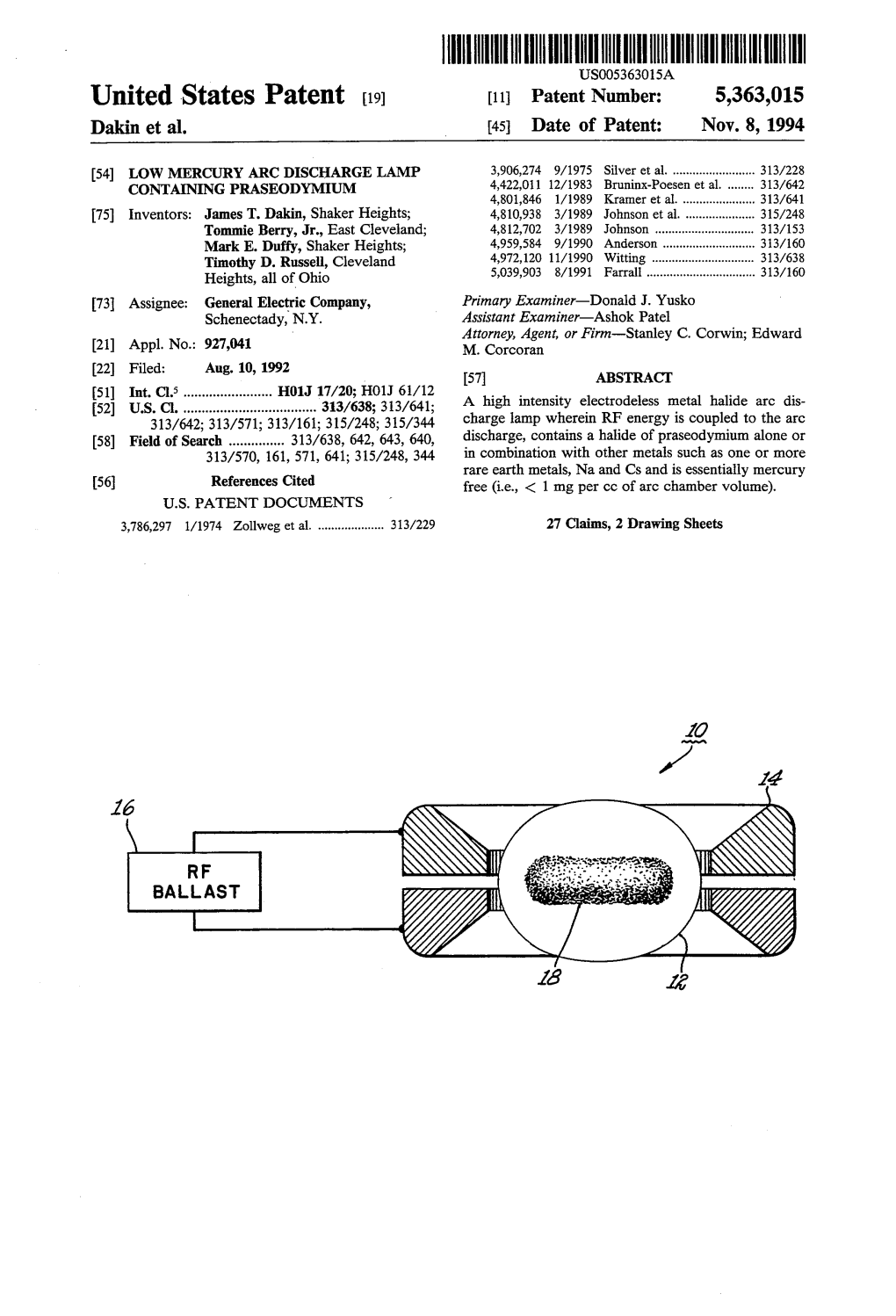 United States Patent (19) 11 Patent Number: 5,363,015 Dakin Et Al