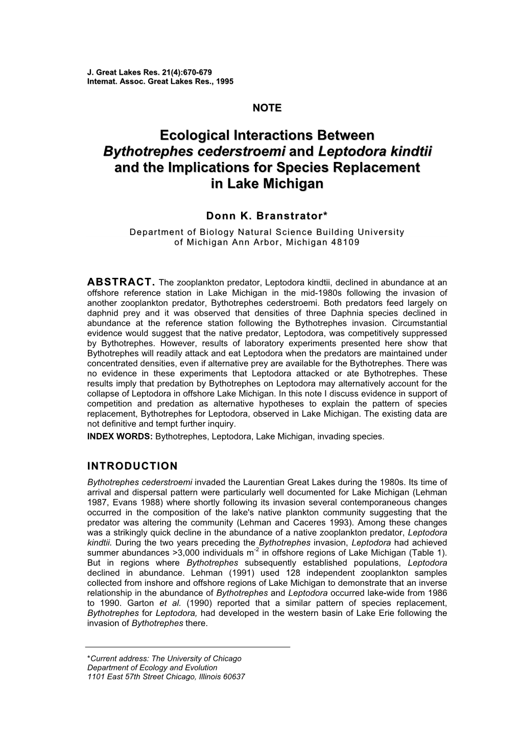 Ecological Interactions Between Bythotrephes Cederstroemi and Leptodora Kindtii and the Implications for Species Replacement in Lake Michigan