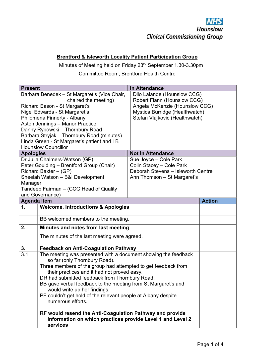 Brentford & Isleworth Locality Patient Participation Group Minutes Of