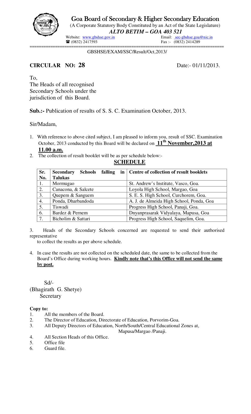 Publication of Results of S.S.C. Examination October