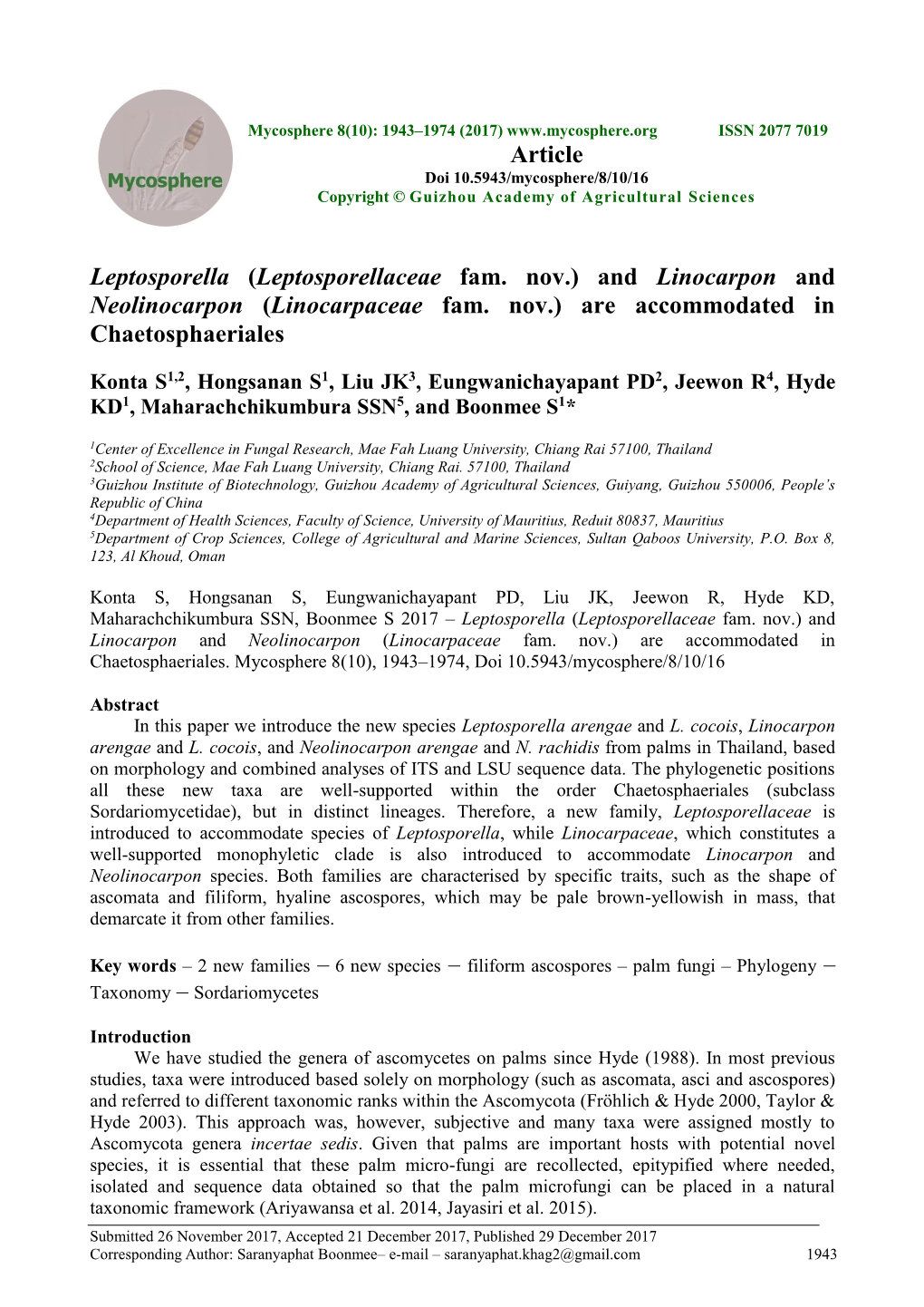 (Leptosporellaceae Fam. Nov.) and Linocarpon and Neolinocarpon (Linocarpaceae Fam