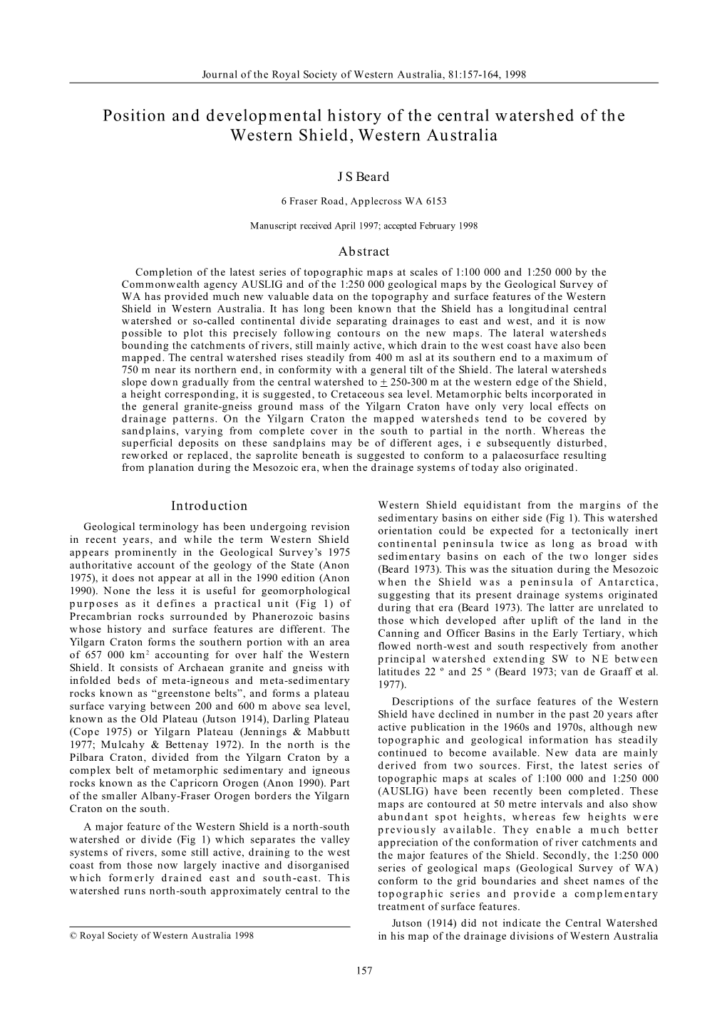 Position and Developmental History of the Central Watershed of the Western Shield, Western Australia