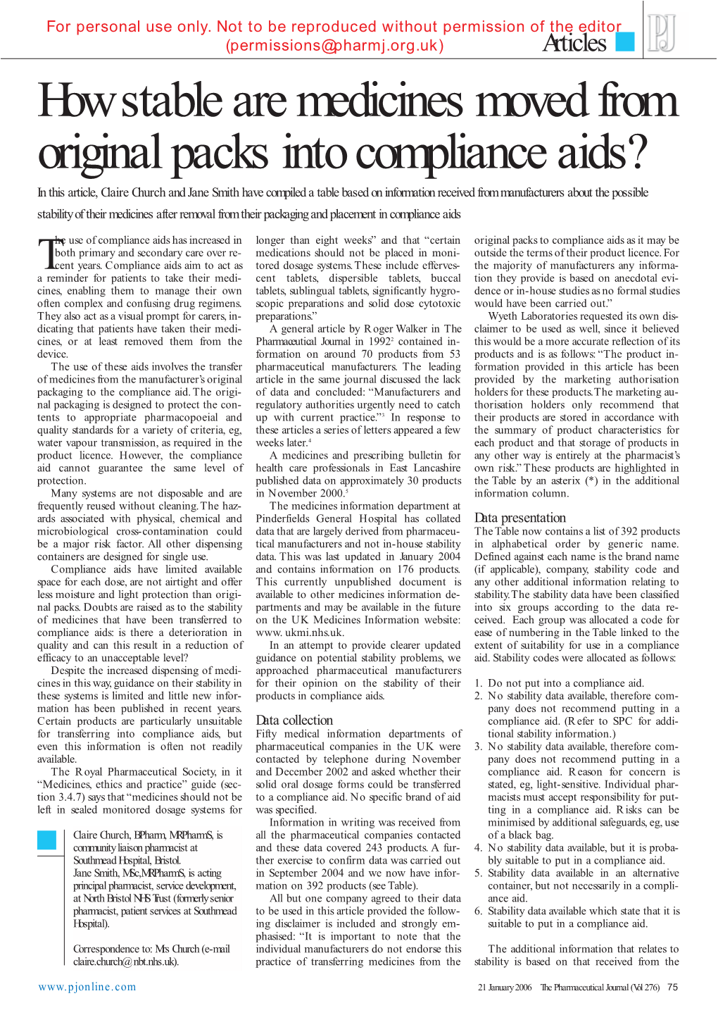 How Stable Are Medicines Moved from Original Packs Into Compliance Aids?