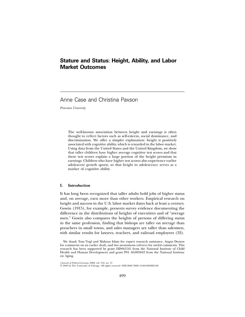 Stature and Status: Height, Ability, and Labor Market Outcomes Anne Case and Christina Paxson