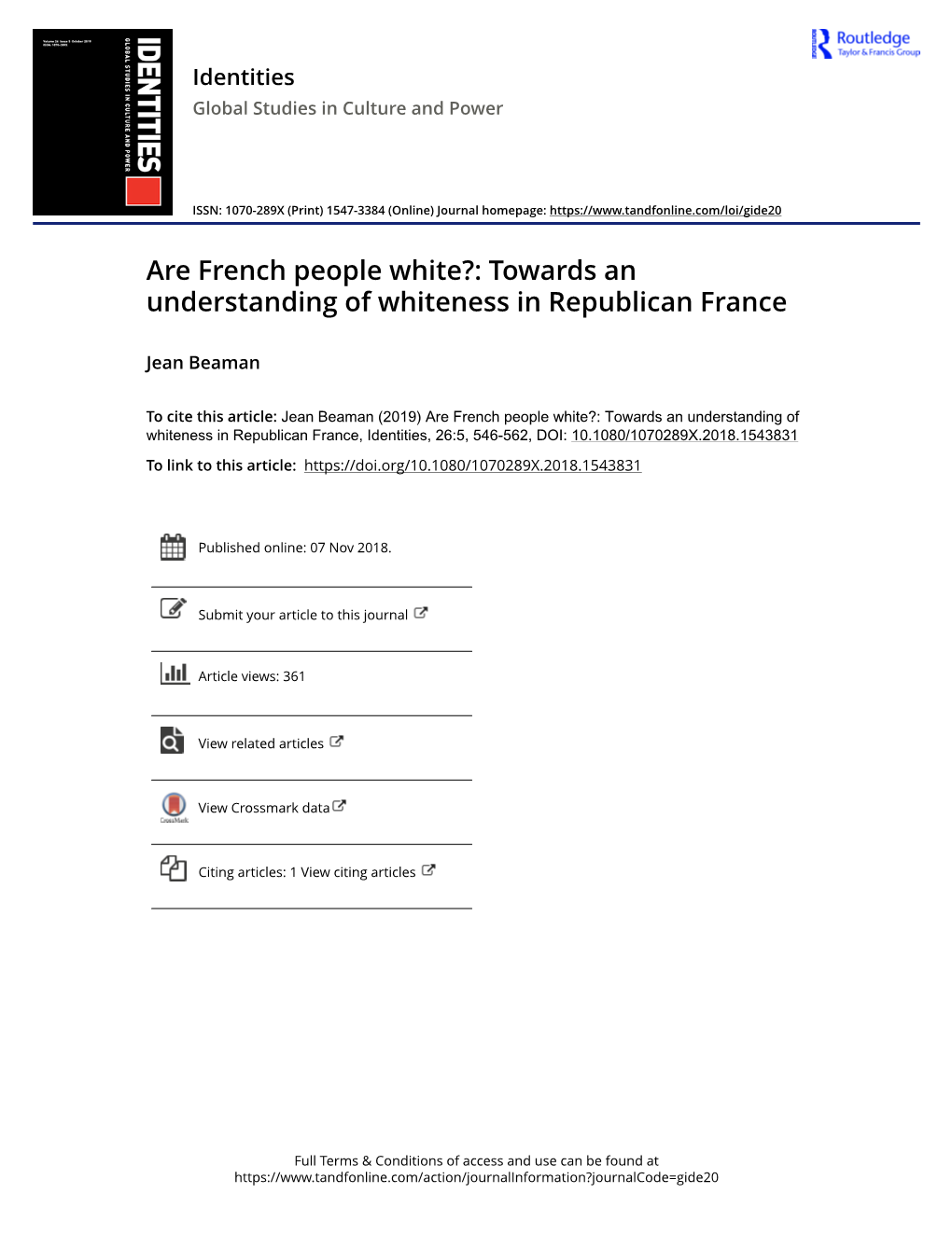 Towards an Understanding of Whiteness in Republican France