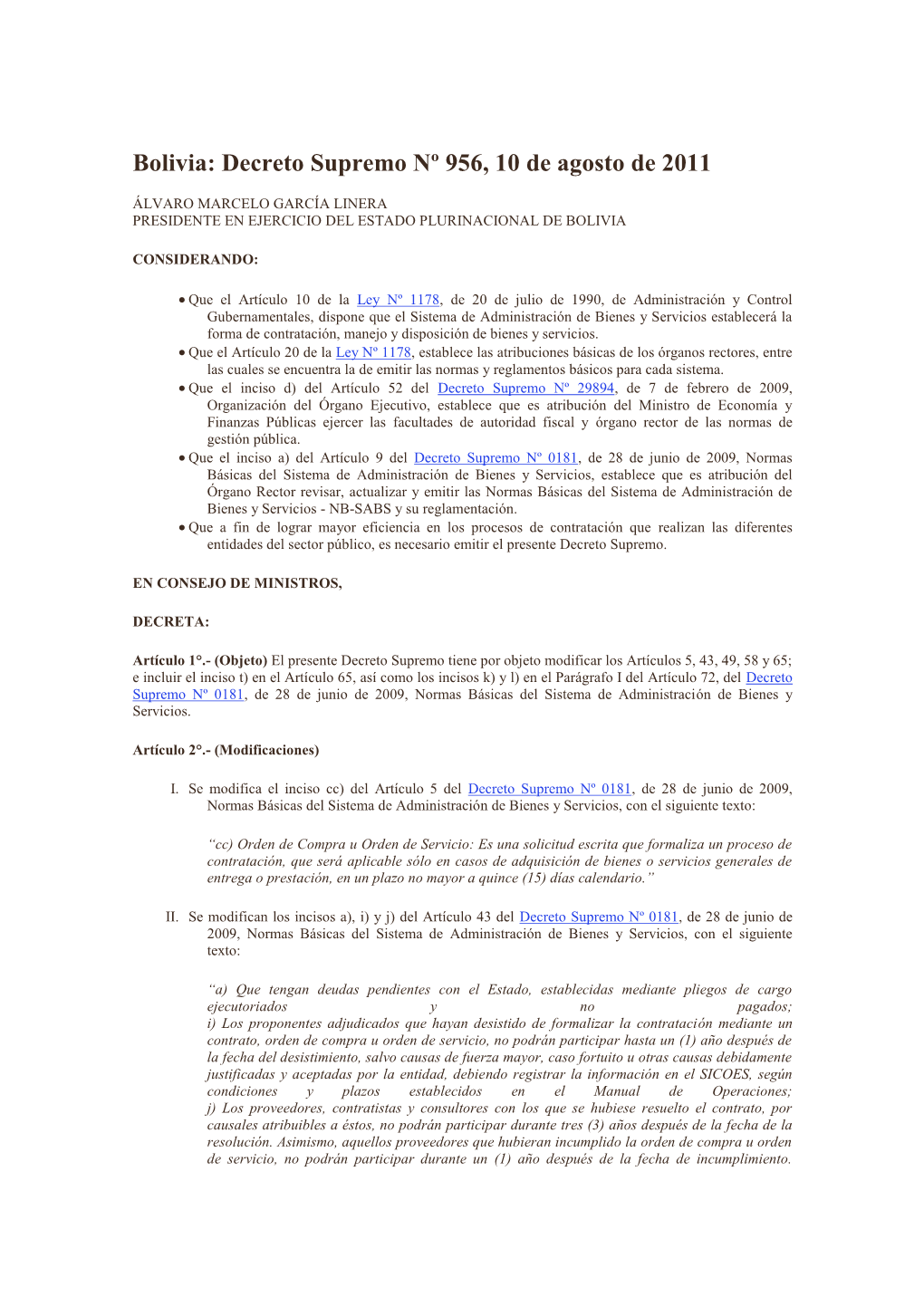 Decreto Supremo Nº 956, 10 De Agosto De 2011