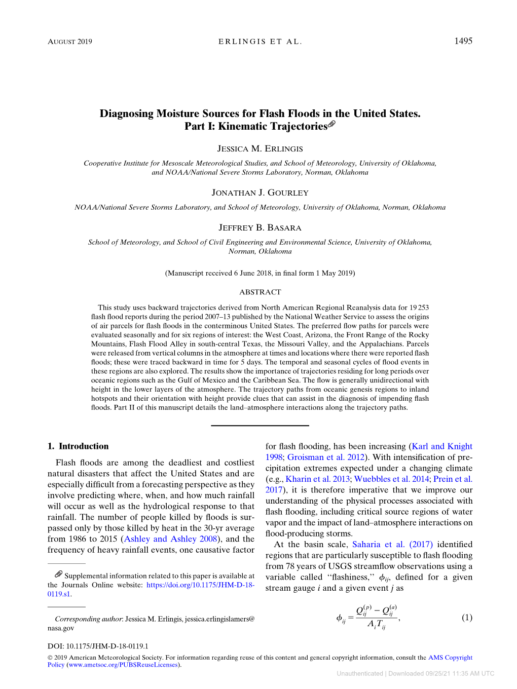 Diagnosing Moisture Sources for Flash Floods in the United States. Part I: Kinematic Trajectories