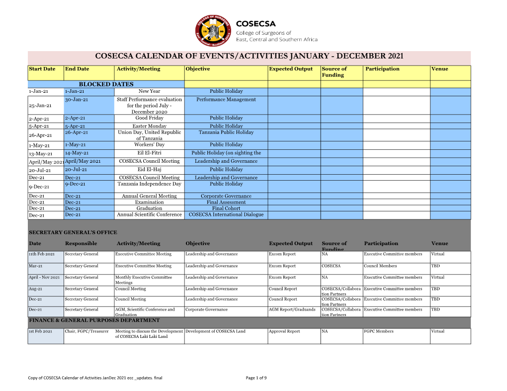 Calendar of Activities July-December 2013