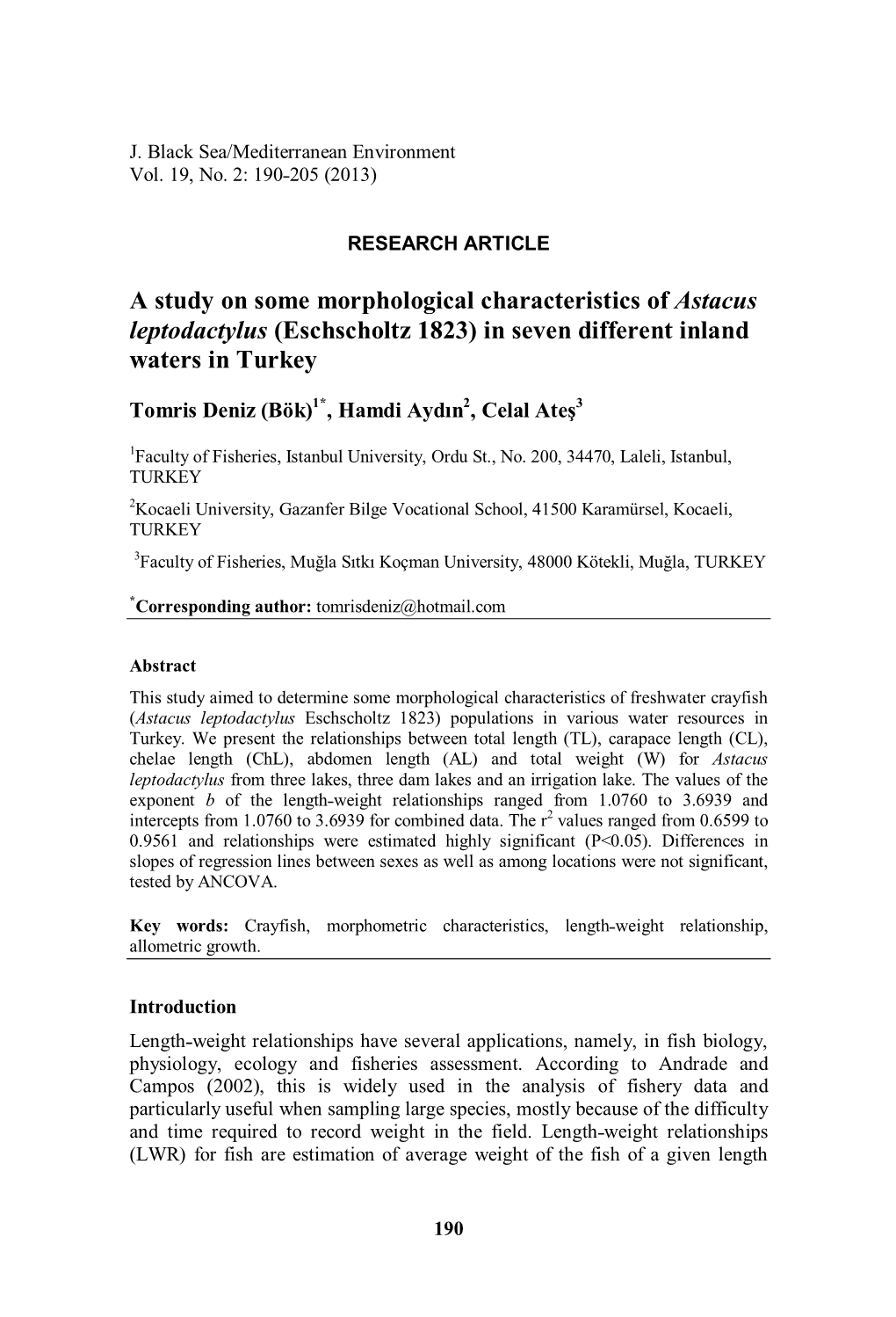 A Study on Some Morphological Characteristics of Astacus Leptodactylus (Eschscholtz 1823) in Seven Different Inland Waters in Turkey