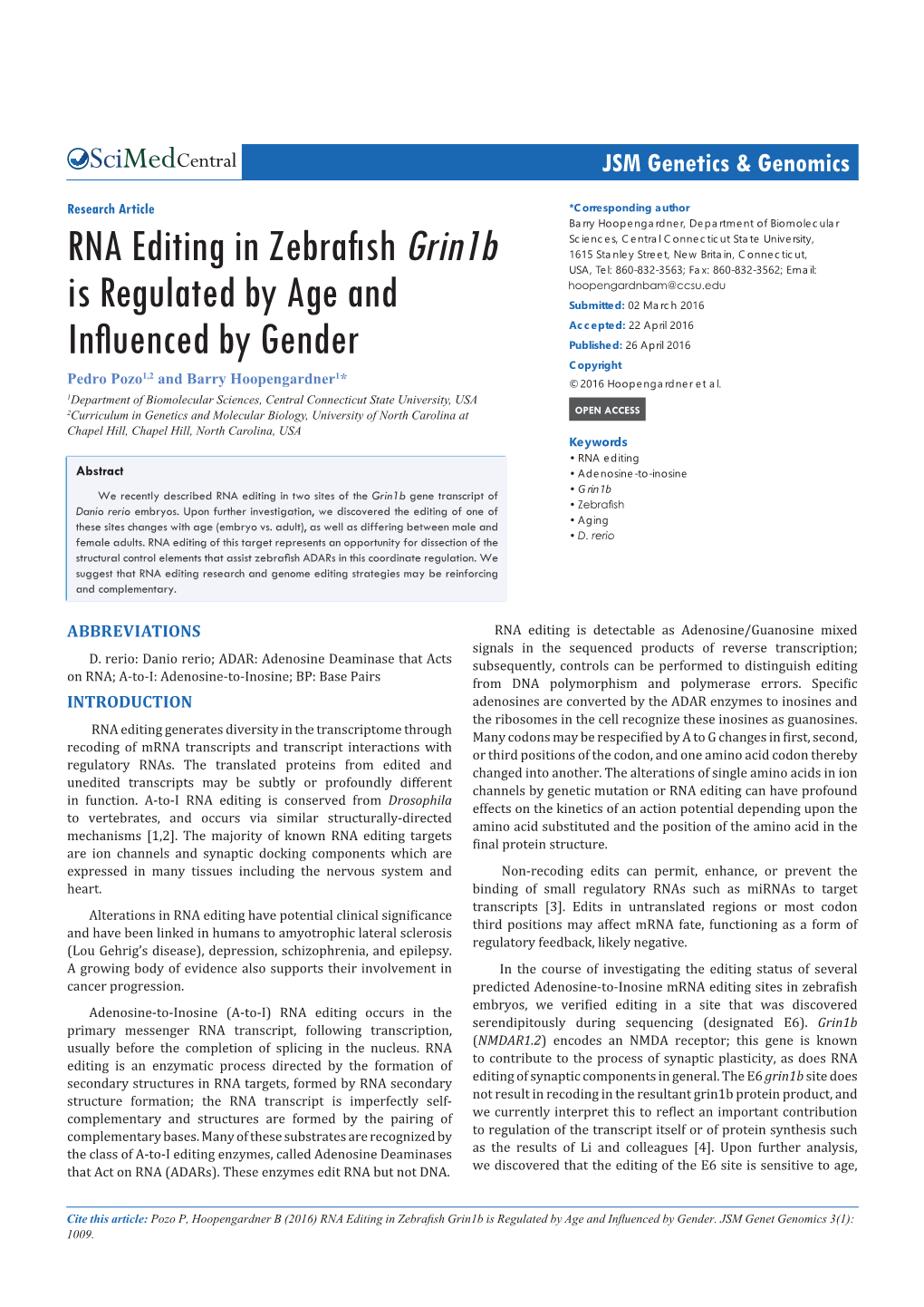 RNA Editing in Zebrafish Grin1b Is Regulated by Age and Influenced by Gender