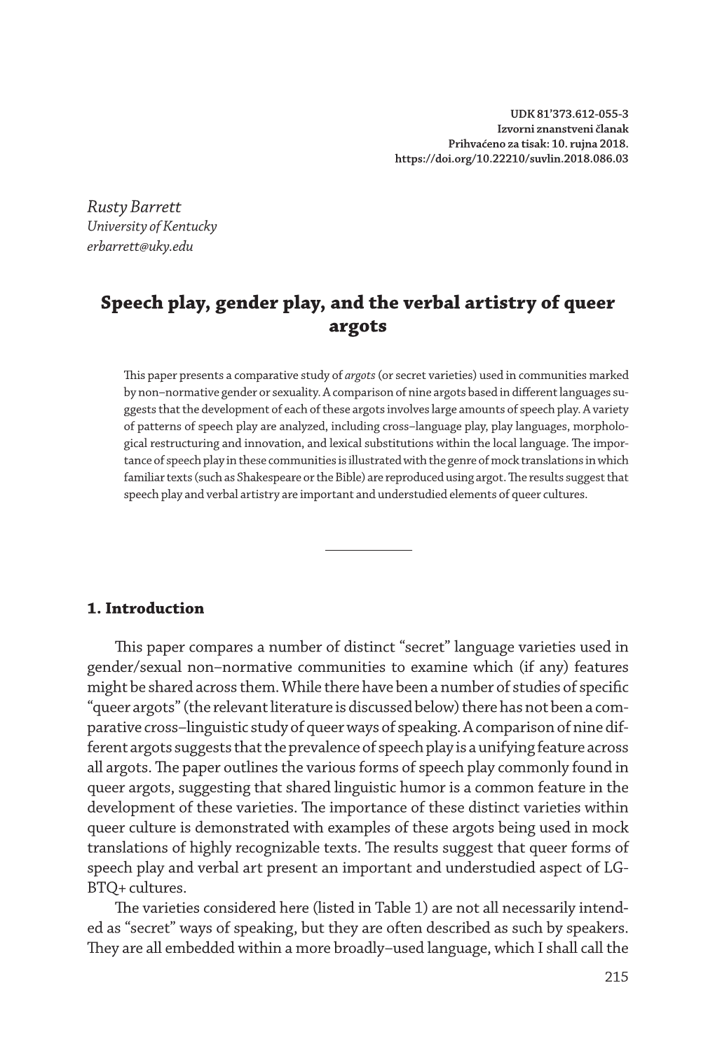 Speech Play, Gender Play, and the Verbal Artistry of Queer Argots