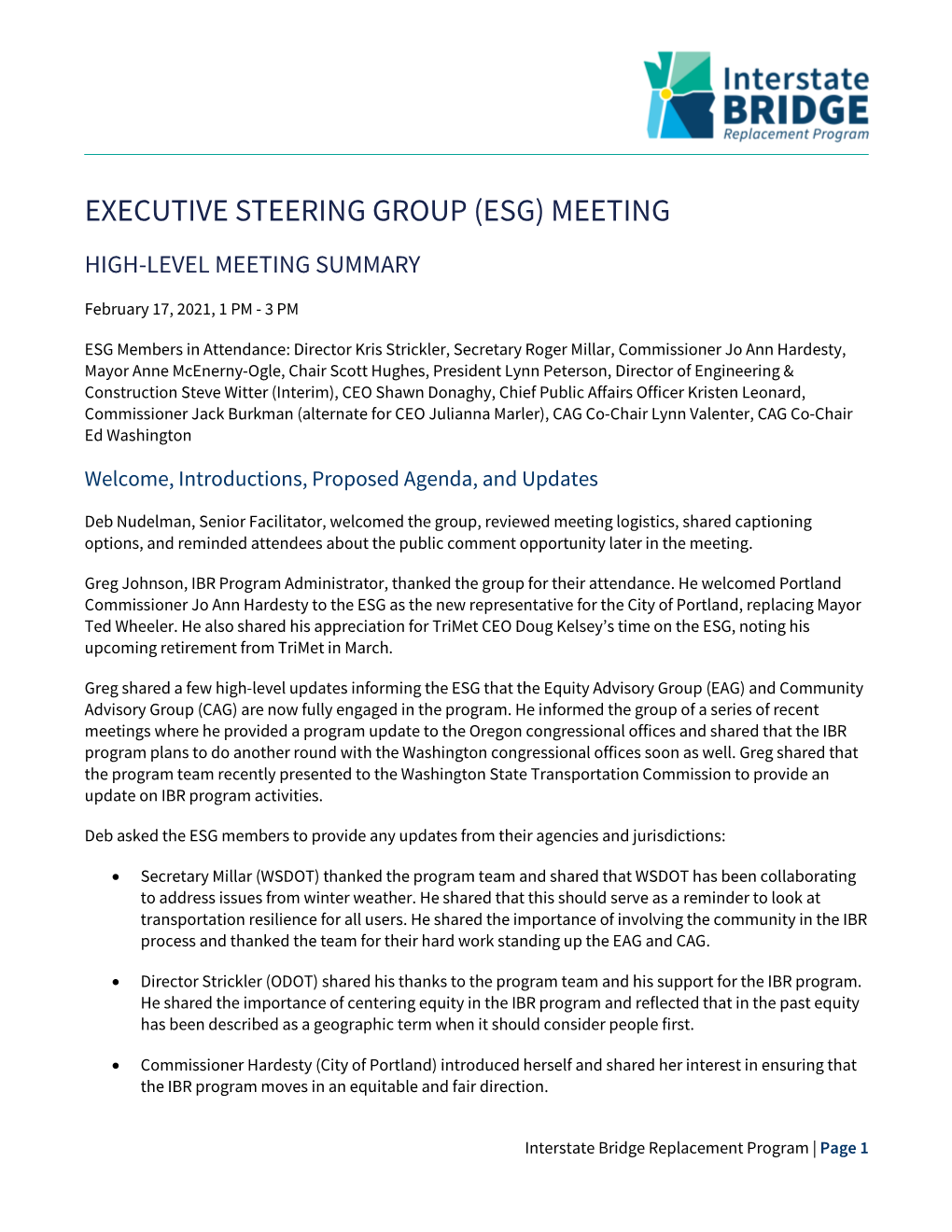 Meeting Summary: Executive Steering Group