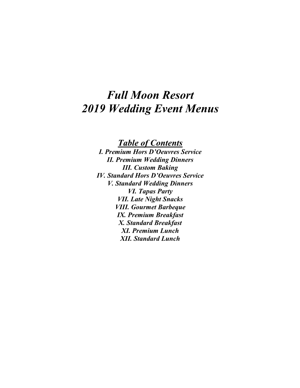 Full Moon Resort Wedding Menus