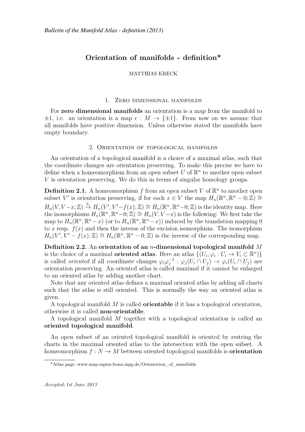 Orientation of Manifolds - Deﬁnition*