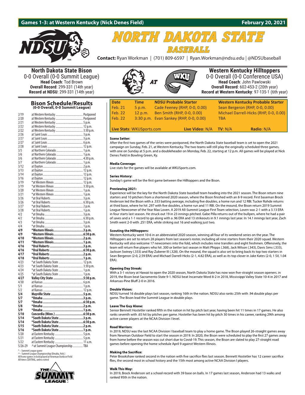 NORTH DAKOTA STATE BASEBALL Contact: Ryan Workman | (701) 809-6597 | Ryan.Workman@Ndsu.Edu | @Ndsubaseball