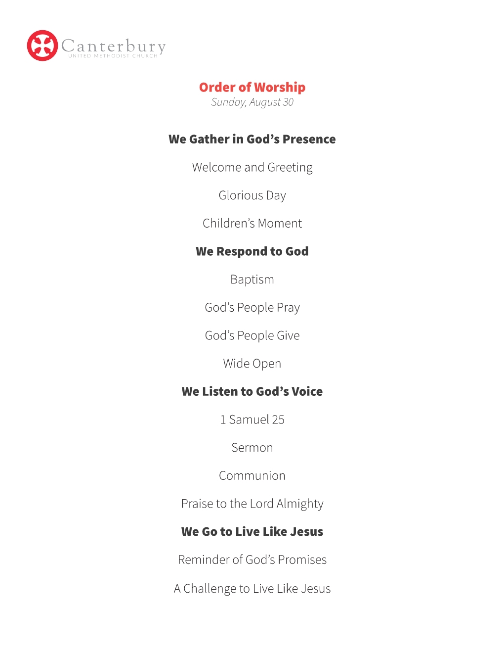 Order of Worship Sunday, August 30
