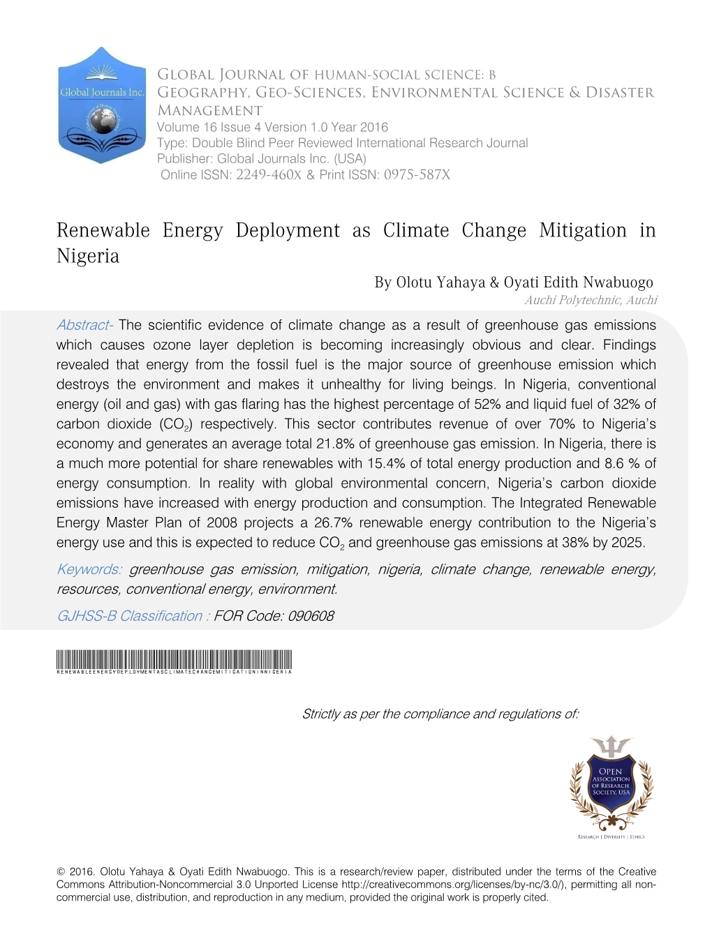 Renewable Energy Deployment As Climate Change Mitigation in Nigeria