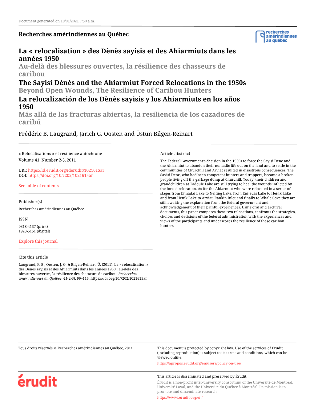 Des Dènès Sayisis Et Des Ahiarmiuts Dans Les Années 1950