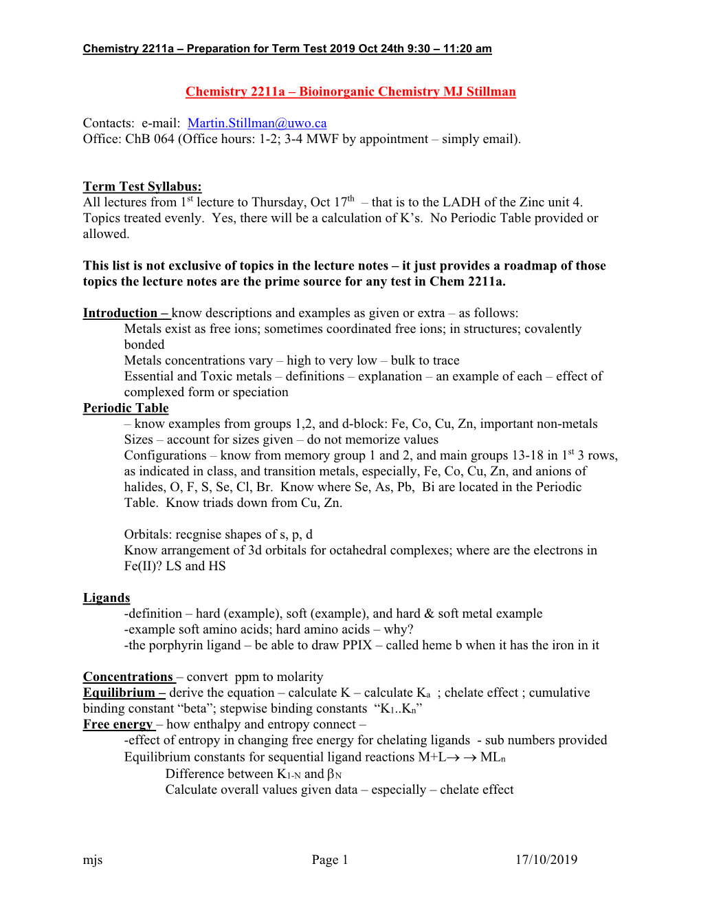 Mjs Page 1 17/10/2019 Chemistry 2211A – Bioinorganic Chemistry MJ