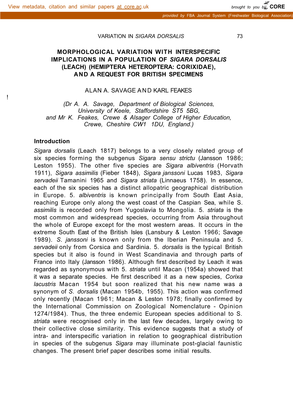 Morphological Variation with Interspecific Implications In