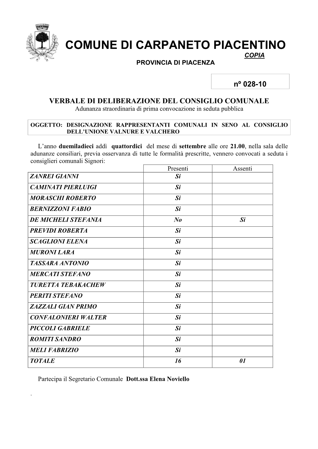 Comune Di Carpaneto Piacentino Copia Provincia Di Piacenza