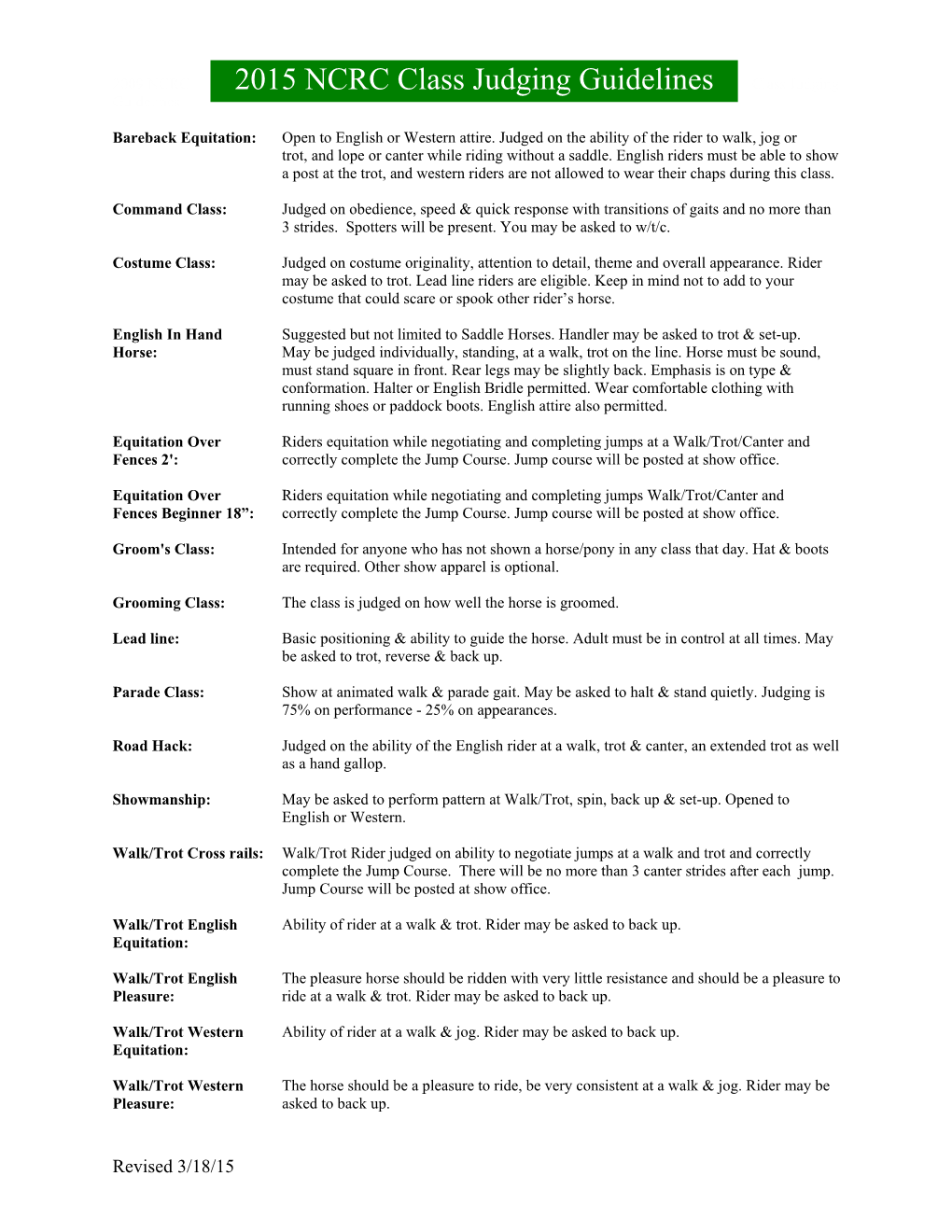 2015 NCRC Class Judging Guidelines Class Judging Guidelines