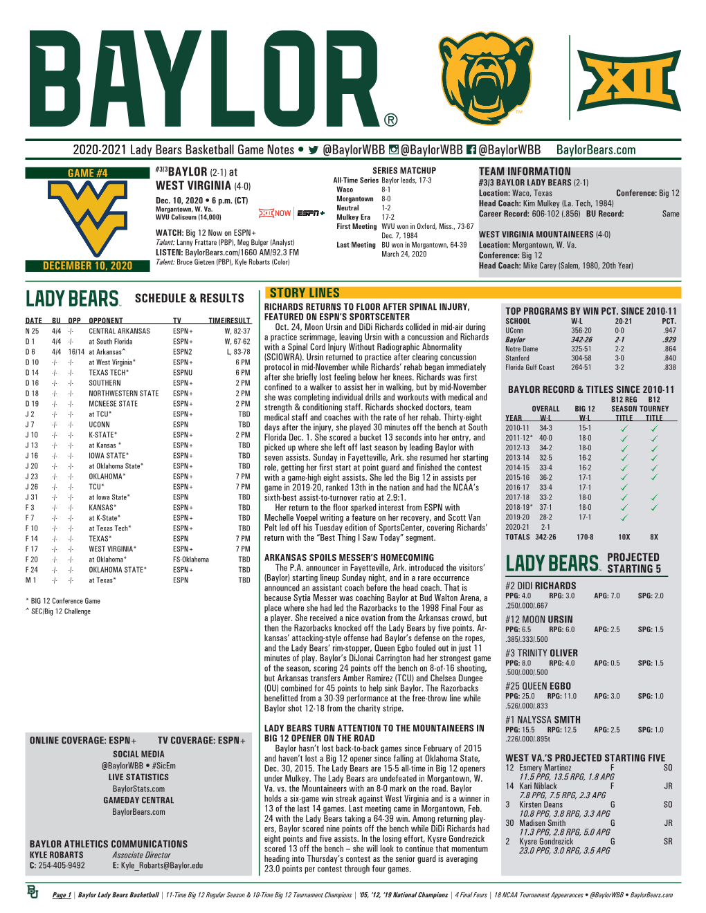 2020-2021 Lady Bears Basketball Game Notes • @Baylorwbb @Baylorwbb @Baylorwbb Baylorbears.Com STORY LINES