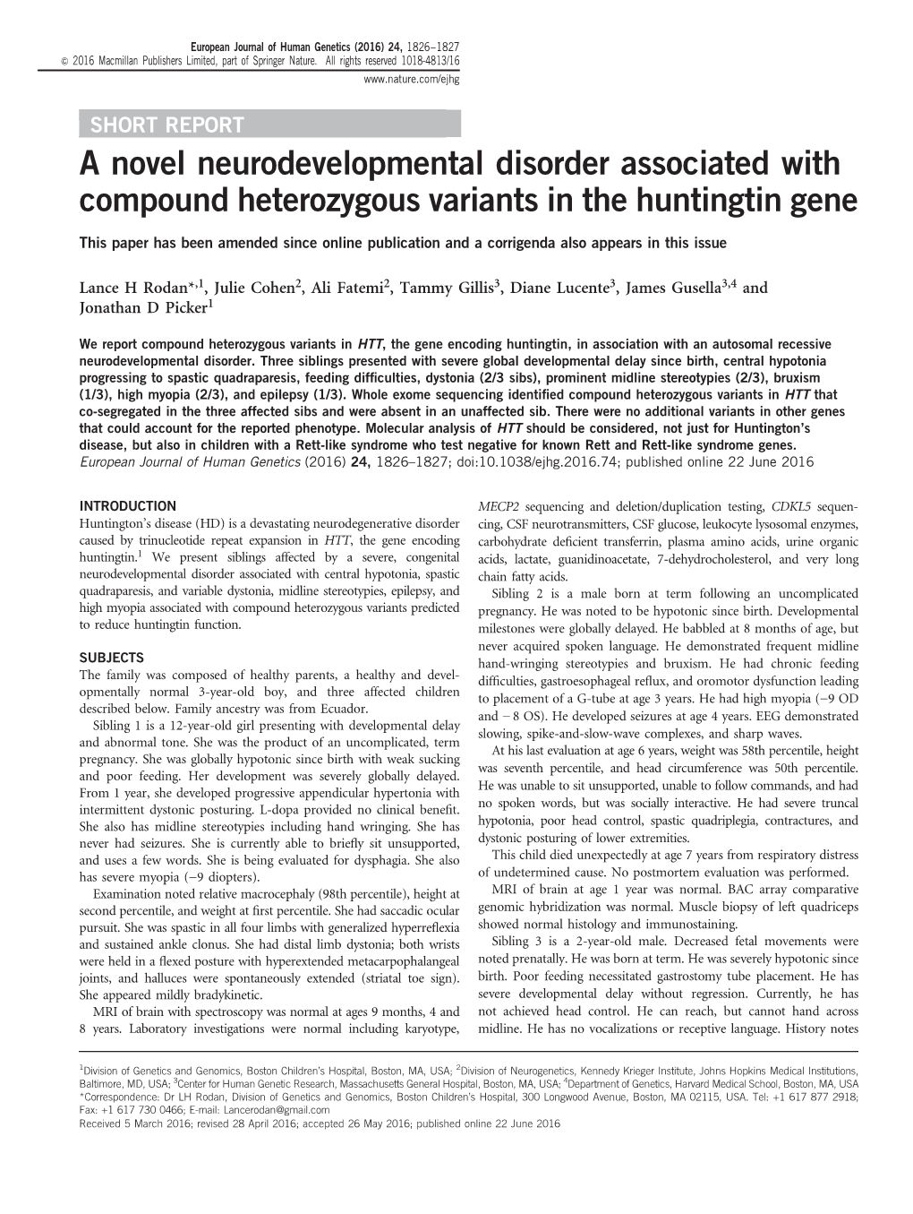 A Novel Neurodevelopmental Disorder Associated with Compound Heterozygous Variants in the Huntingtin Gene