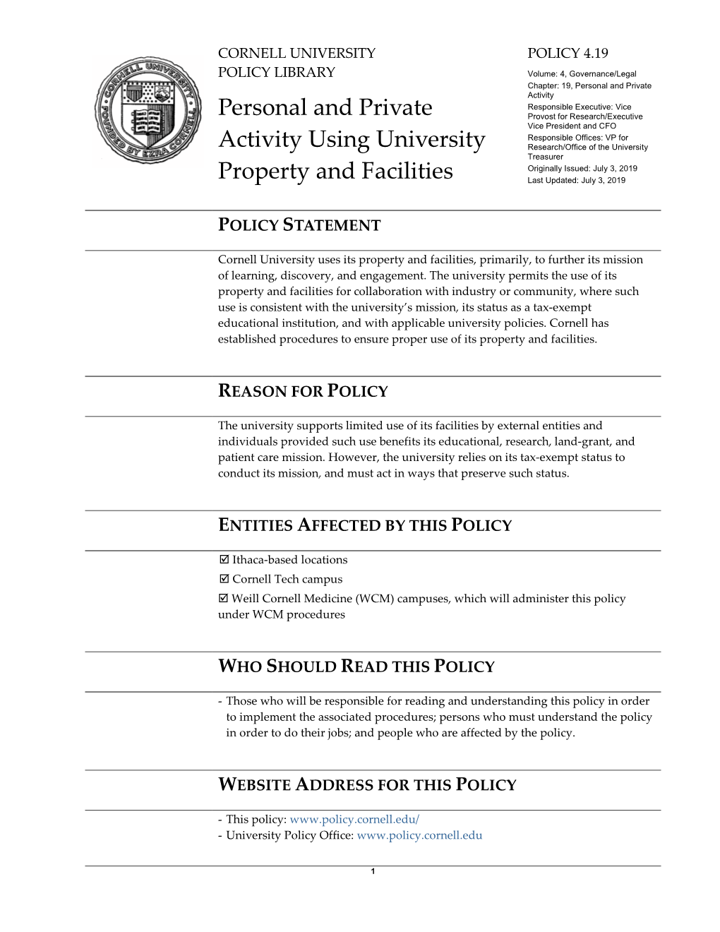 University Policy 4.19, Personal and Private Activity Using