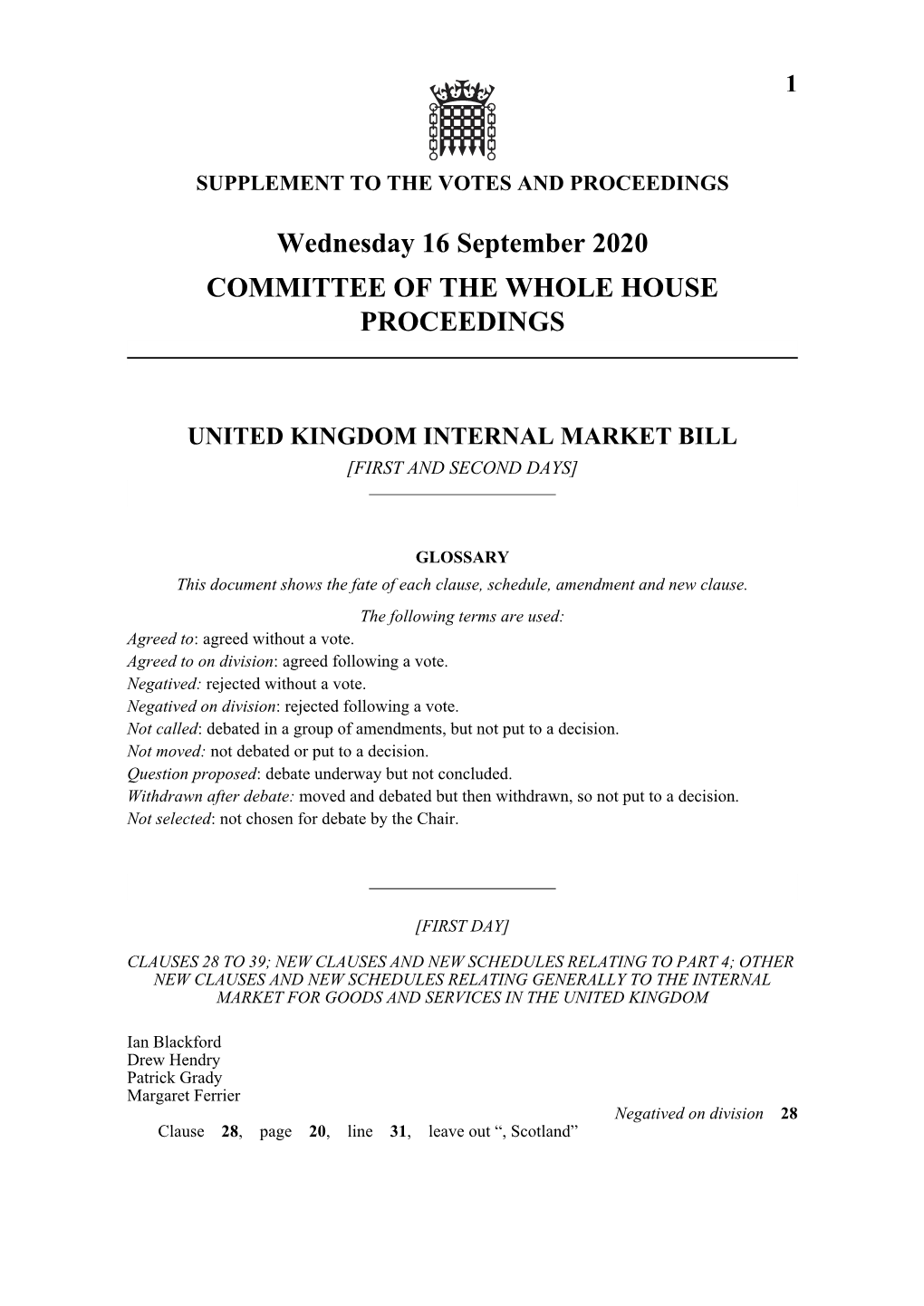 Wednesday 16 September 2020 COMMITTEE of the WHOLE HOUSE PROCEEDINGS