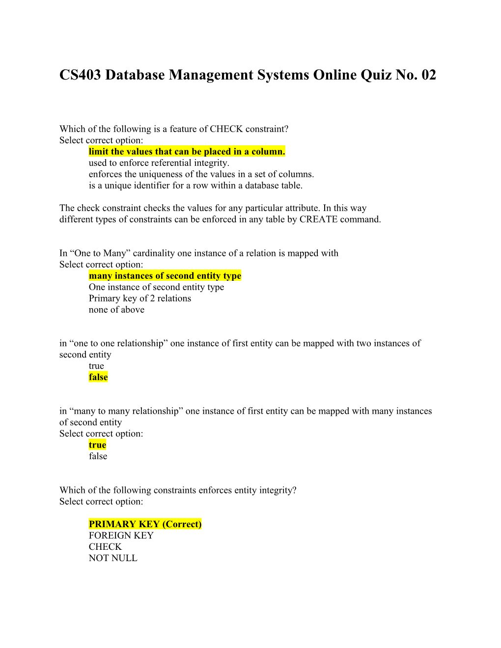 CS403 Database Management Systems Online Quiz No. 02