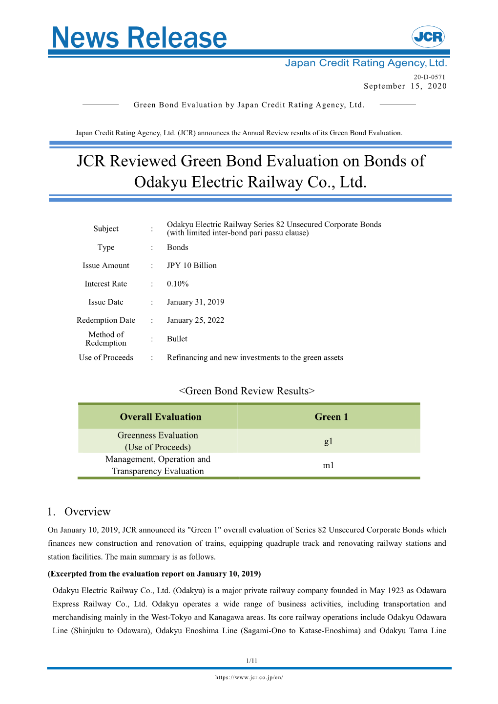 JCR Reviewed the Bonds of Odakyu Electric Railway