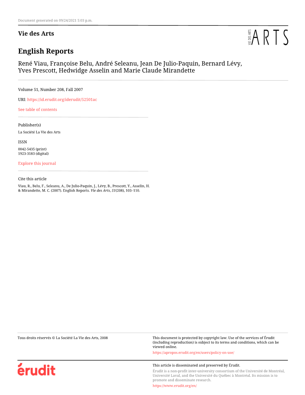 English Reports René Viau, Françoise Belu, André Seleanu, Jean De Julio-Paquin, Bernard Lévy, Yves Prescott, Hedwidge Asselin and Marie Claude Mirandette